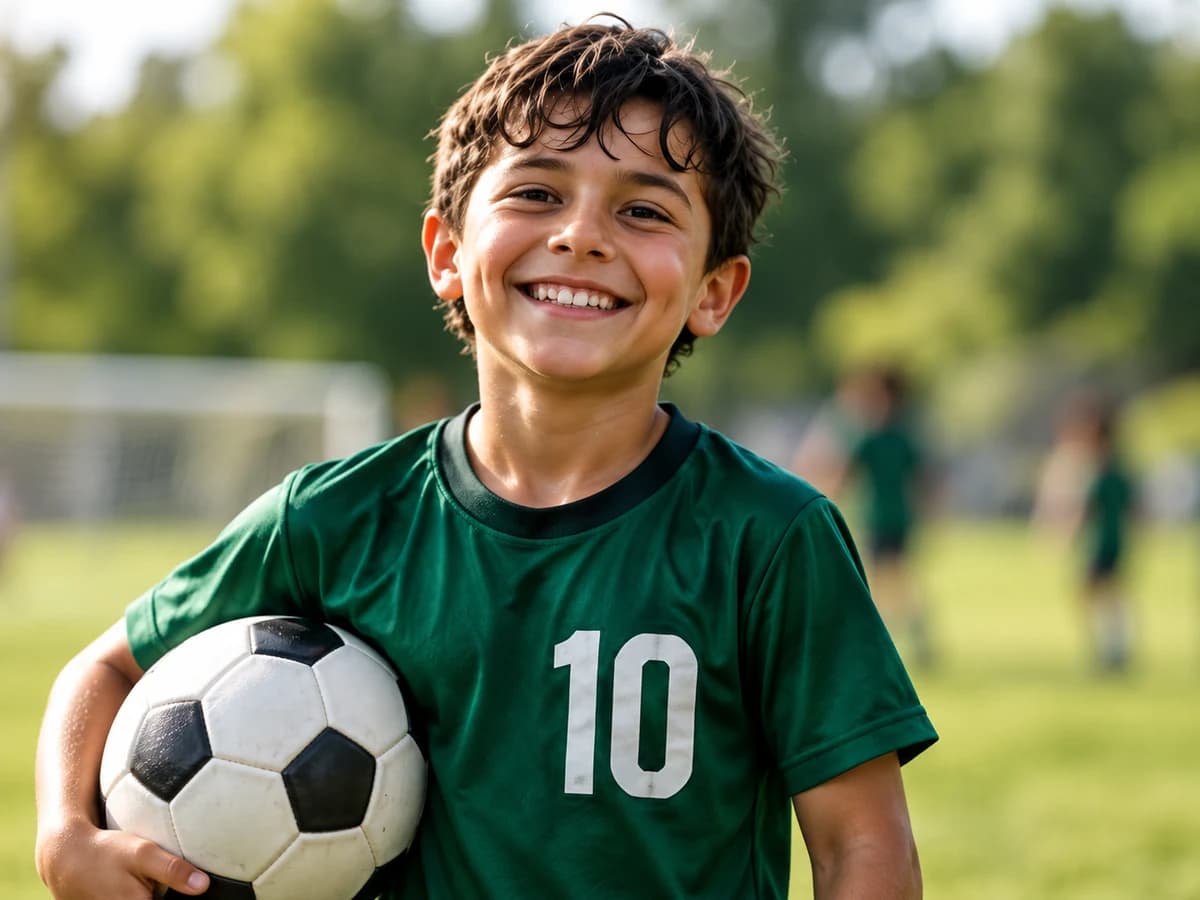 Aluno de futebol sorrindo com a bola