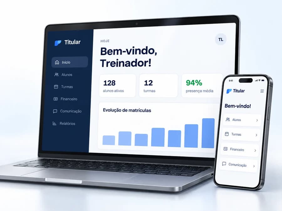 Notebook e celular exibindo o painel Titular
